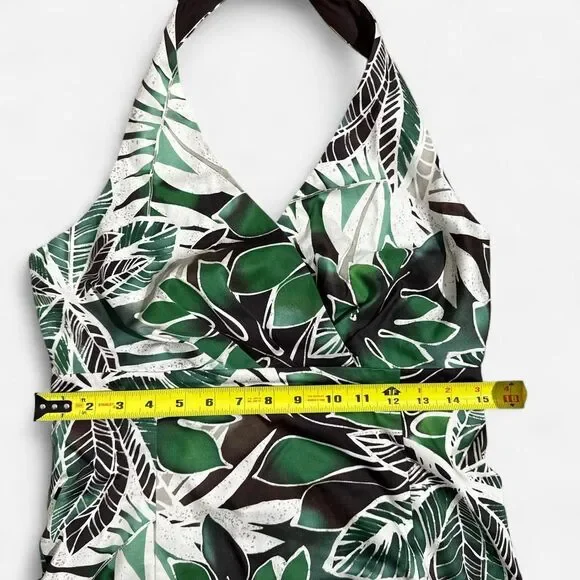 Tropical Leaf Halter Dress | Green White Black | Size 8P | Jones New York - Picture 5 of 7